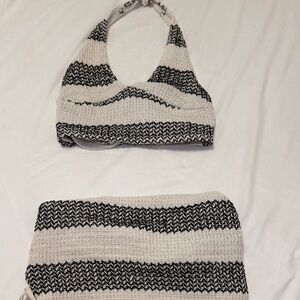 Black and Cream Striped Accessories Set with Halter Top and Textured Knit
